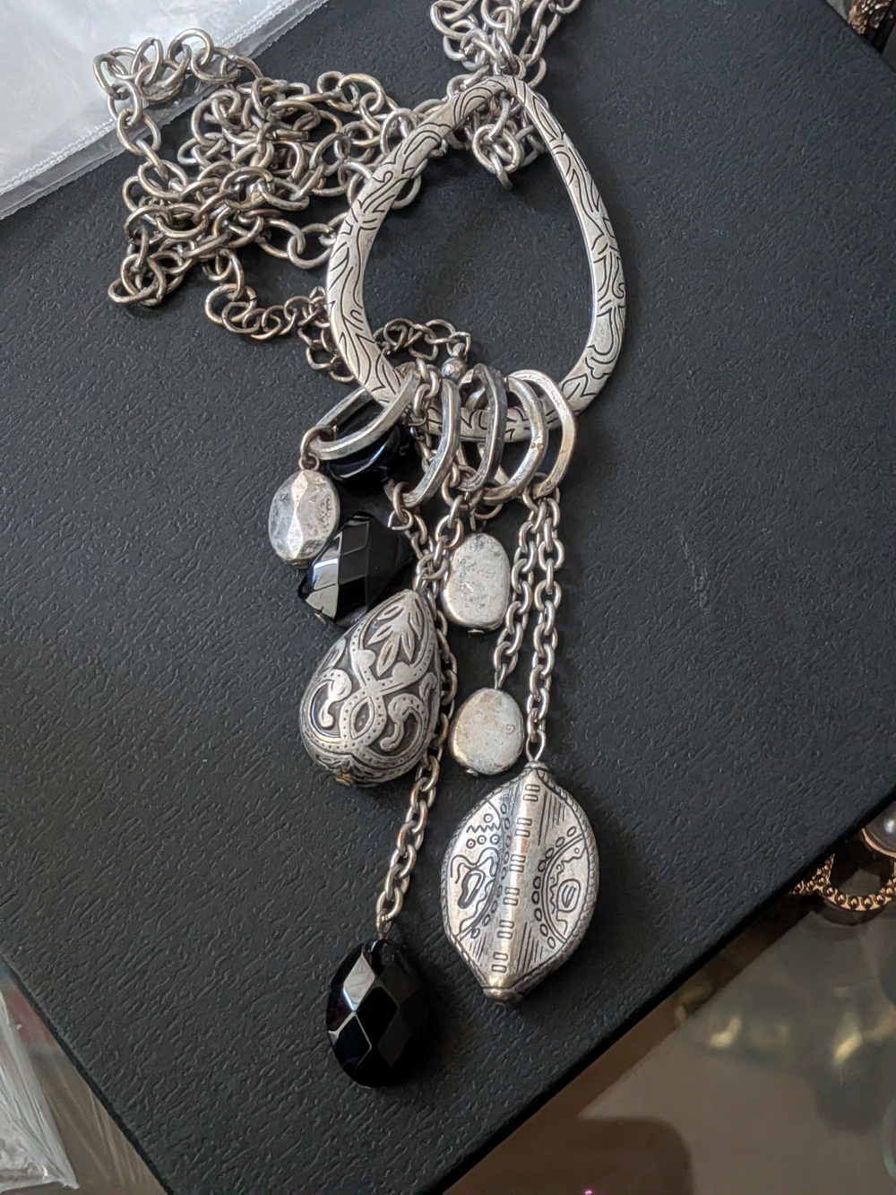 Ornate Silver Multi-Charm Statement Pendant Necklace Black Beads